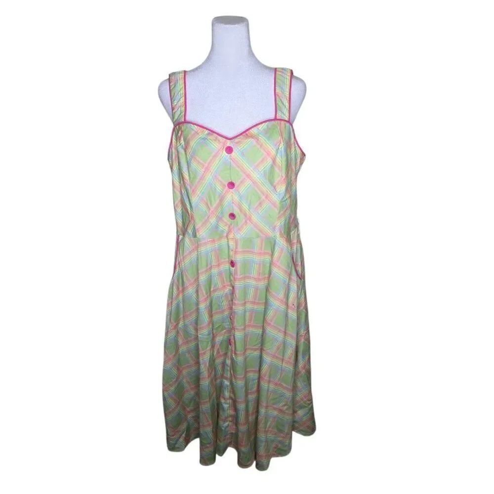 Voodoo Vixen Rainbow Sleeveless Checked Flare Dress Womens Size XXL 12/14 Green